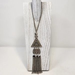 Silver Tone Layered Pendant Tassel Chain Necklace Statement Triangle Textured
